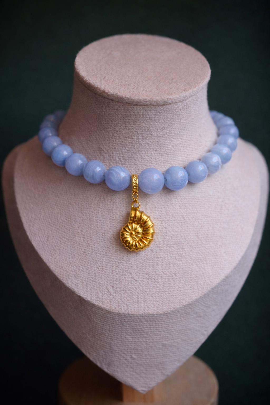 Blue Agate Statement Necklace with Gold Fossil Pendant