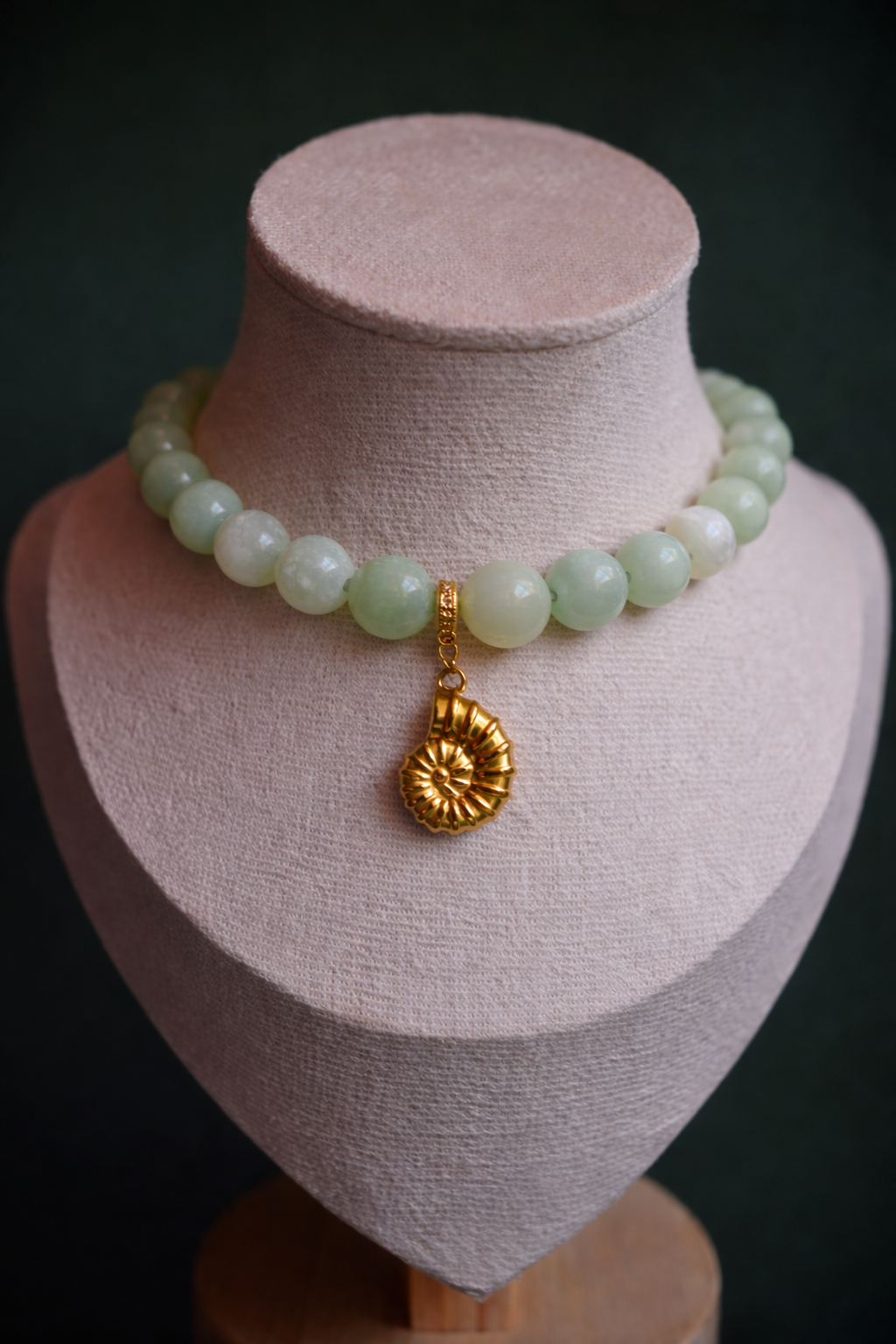 Jade Statement Necklace with Gold Fossil Pendant