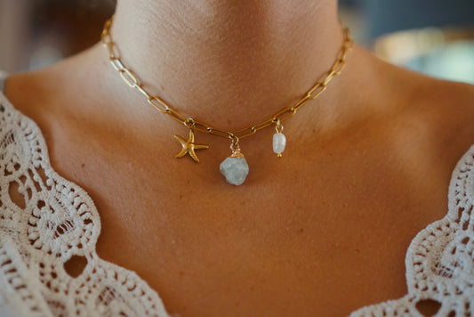 Gold necklace with amethyst and pearl