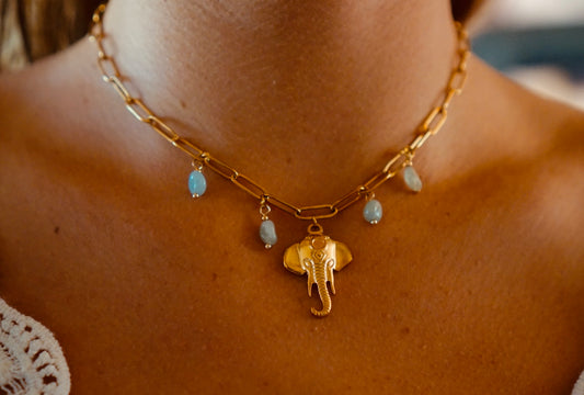 Golden necklace with jade, pearls &amp; elephant 