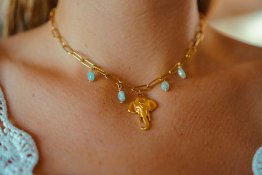 Golden necklace with jade, pearls &amp; elephant 