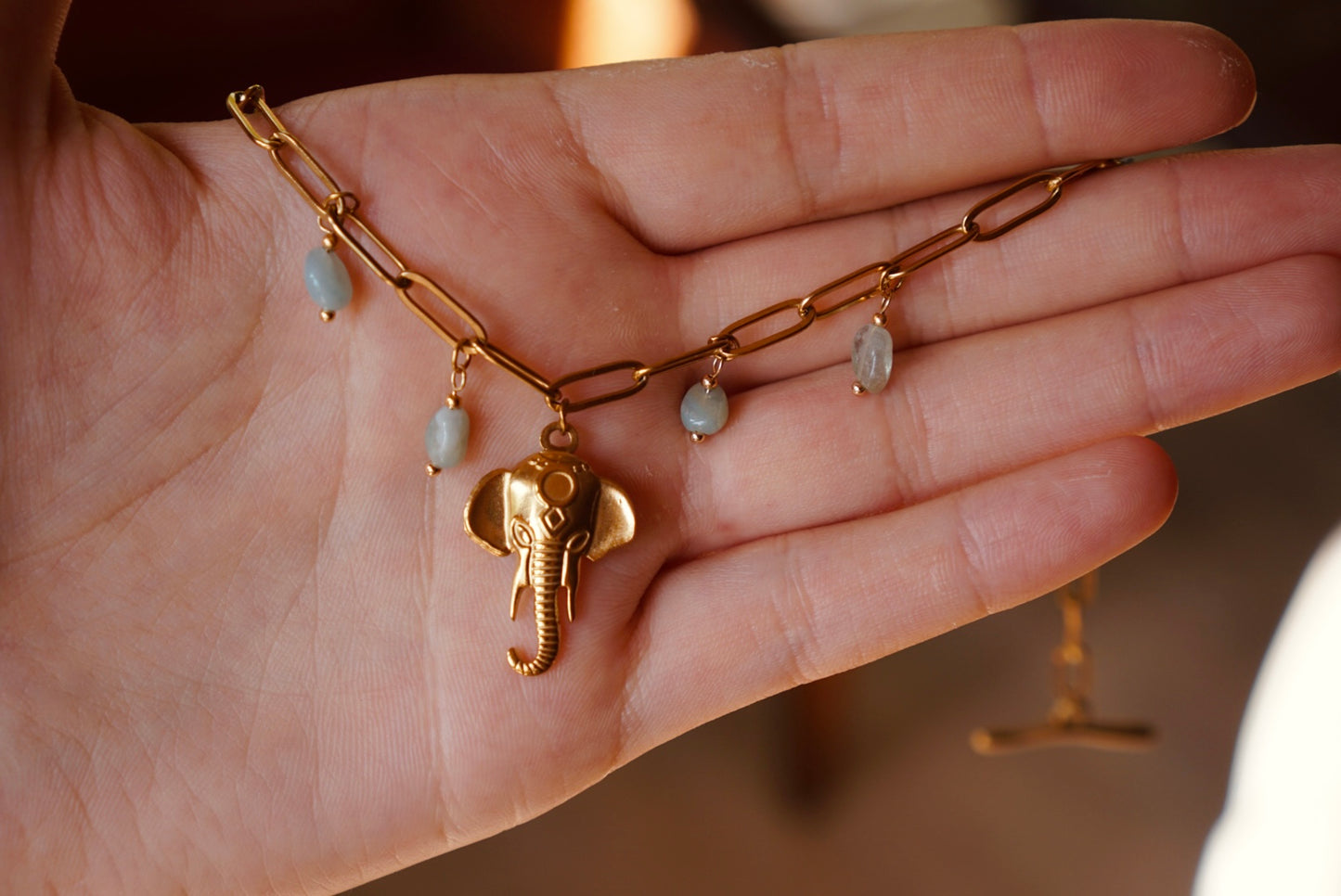 Golden necklace with jade, pearls &amp; elephant 