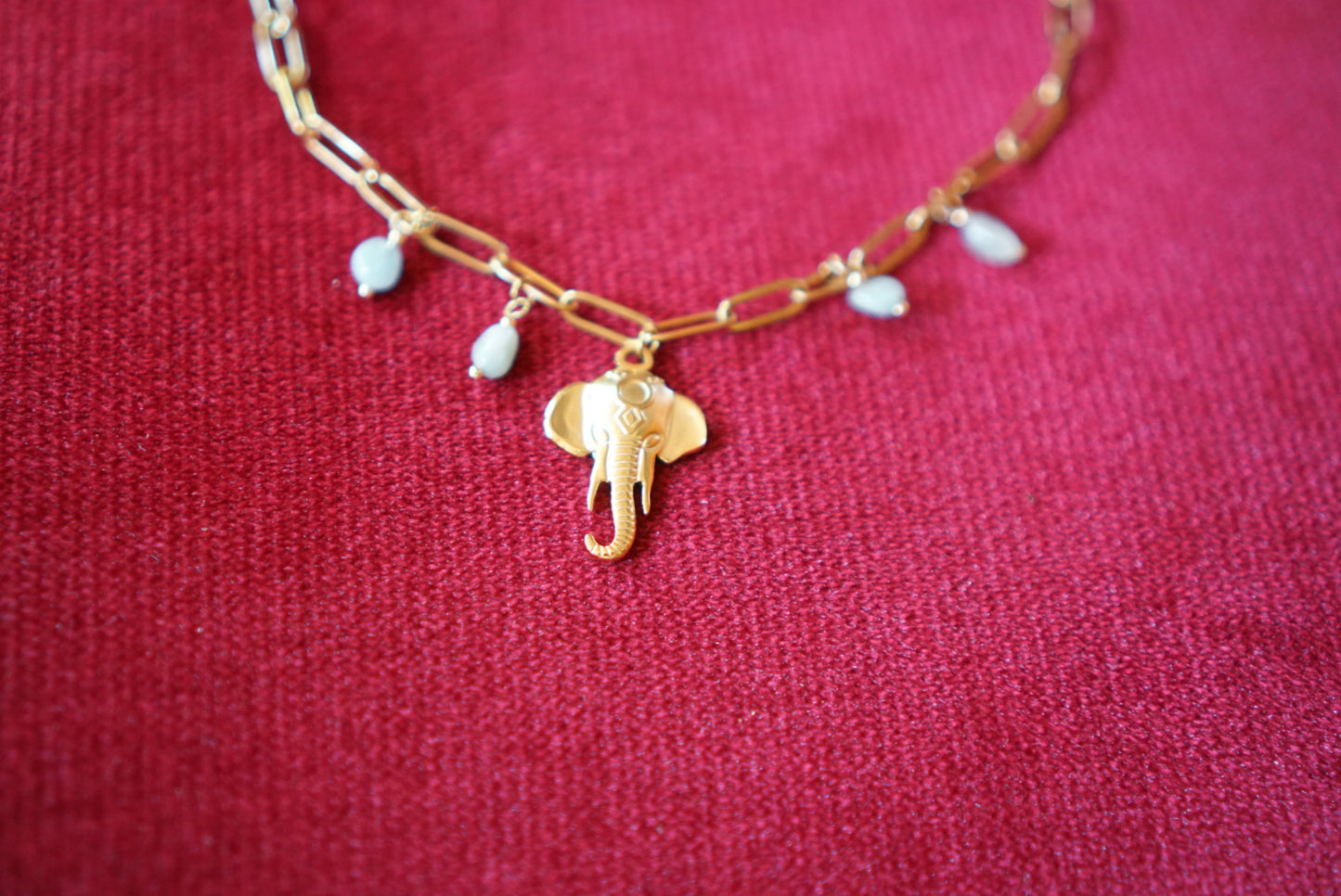 Golden necklace with jade, pearls &amp; elephant 