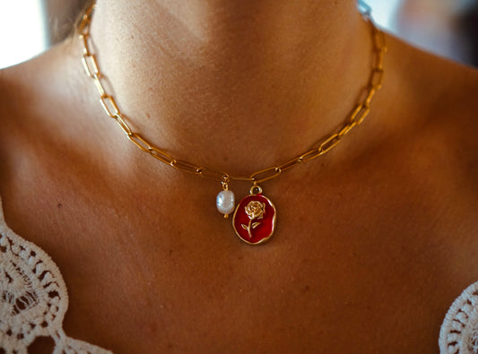 Golden rose necklace with red emblem &amp; pearl 