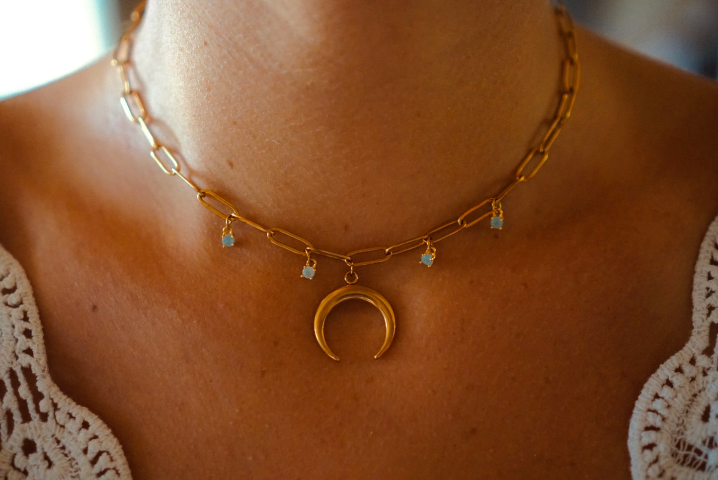 Elegant Moon Charm Necklace with Natural Stones Stainless Steel Jewelry