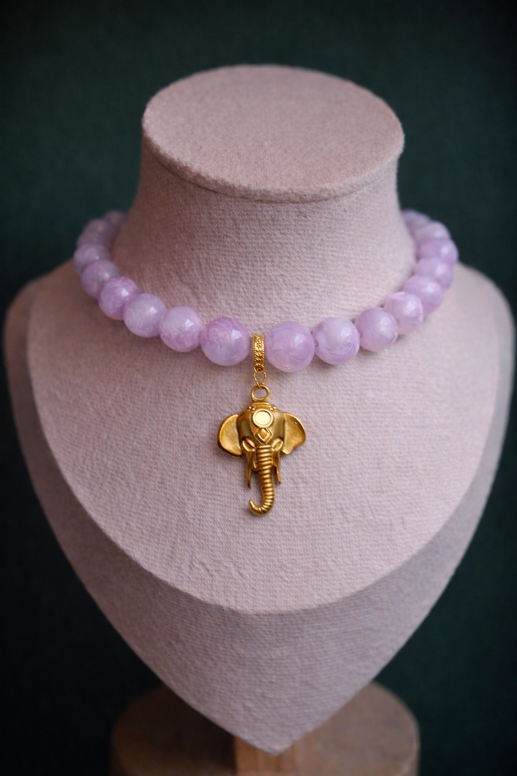 Lavender Natural Stone Necklace with Gold Elephant Pendant